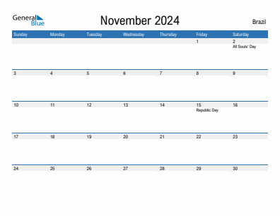 Current month calendar with Brazil holidays for November 2024