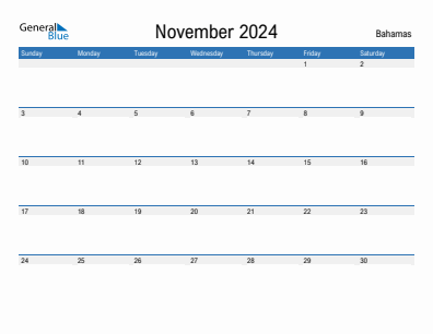 Current month calendar with Bahamas holidays for November 2024