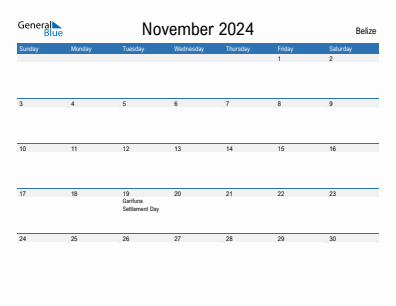 Current month calendar with Belize holidays for November 2024