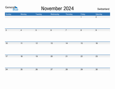 Current month calendar with Switzerland holidays for November 2024