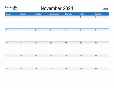 Current month calendar with China holidays for November 2024