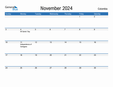 Current month calendar with Colombia holidays for November 2024