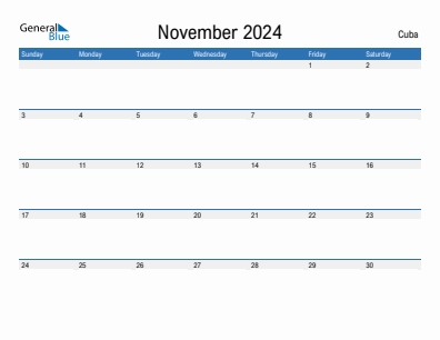 Current month calendar with Cuba holidays for November 2024