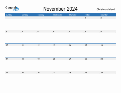 Current month calendar with Christmas Island holidays for November 2024