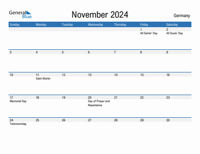 Current month calendar with Germany holidays for November 2024