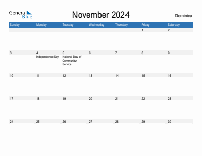 Current month calendar with Dominica holidays for November 2024