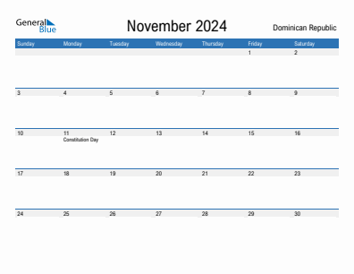 Current month calendar with Dominican Republic holidays for November 2024