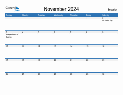 Current month calendar with Ecuador holidays for November 2024