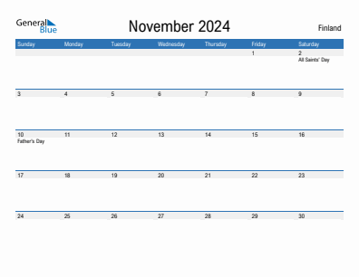 Current month calendar with Finland holidays for November 2024