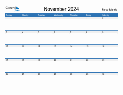 Current month calendar with Faroe Islands holidays for November 2024