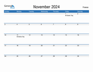 Current month calendar with France holidays for November 2024