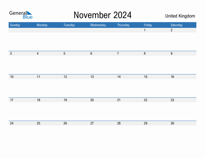 Editable November 2024 Calendar with United Kingdom Holidays