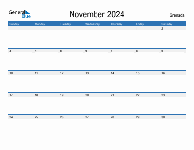 Current month calendar with Grenada holidays for November 2024