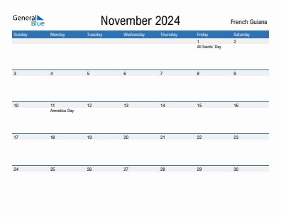 Current month calendar with French Guiana holidays for November 2024