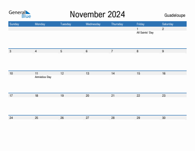 Current month calendar with Guadeloupe holidays for November 2024