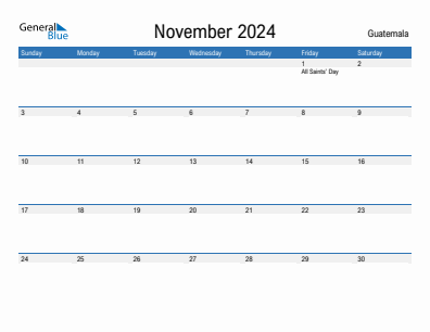 Current month calendar with Guatemala holidays for November 2024