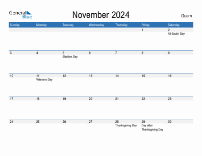 Current month calendar with Guam holidays for November 2024