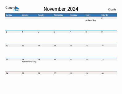 Current month calendar with Croatia holidays for November 2024