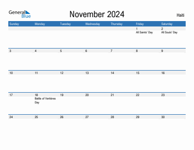 Current month calendar with Haiti holidays for November 2024