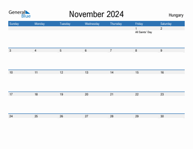 Current month calendar with Hungary holidays for November 2024