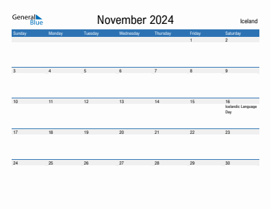 Current month calendar with Iceland holidays for November 2024