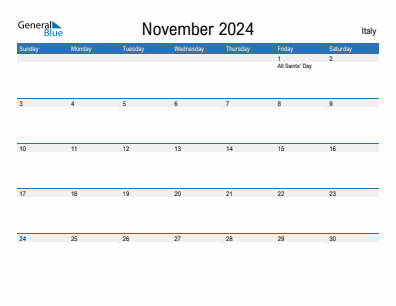 Current month calendar with Italy holidays for November 2024