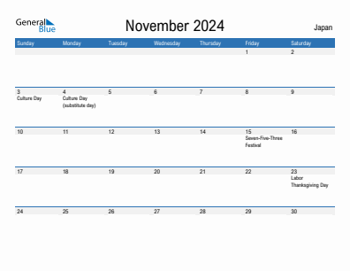 Current month calendar with Japan holidays for November 2024