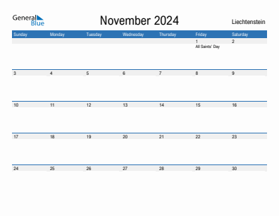 Current month calendar with Liechtenstein holidays for November 2024