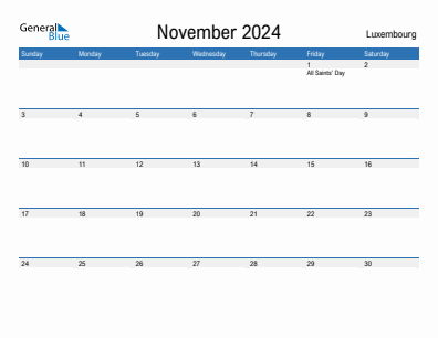 Current month calendar with Luxembourg holidays for November 2024