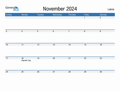 Current month calendar with Latvia holidays for November 2024