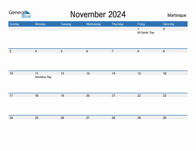 Current month calendar with Martinique holidays for November 2024