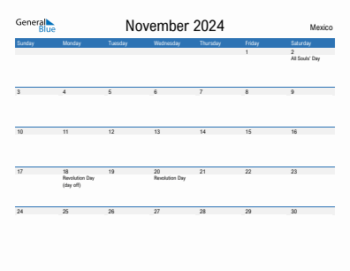 Current month calendar with Mexico holidays for November 2024