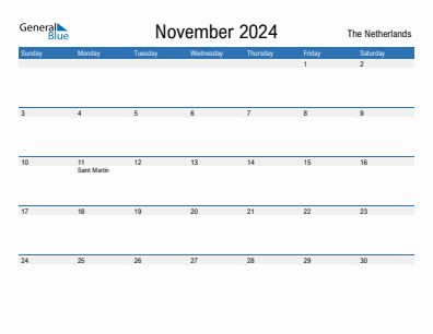 Current month calendar with The Netherlands holidays for November 2024