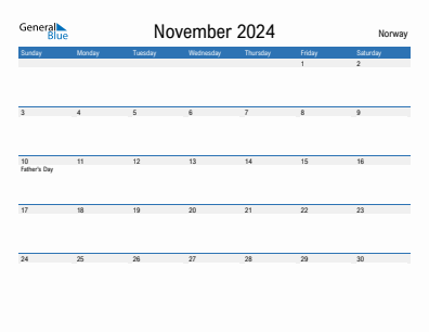 Current month calendar with Norway holidays for November 2024