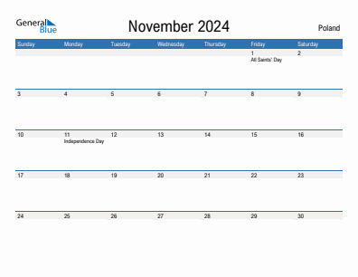 Current month calendar with Poland holidays for November 2024