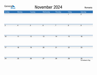 Current month calendar with Romania holidays for November 2024