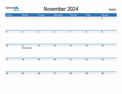 Current month calendar with Serbia holidays for November 2024