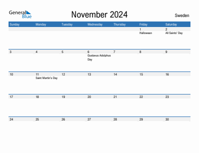 Current month calendar with Sweden holidays for November 2024