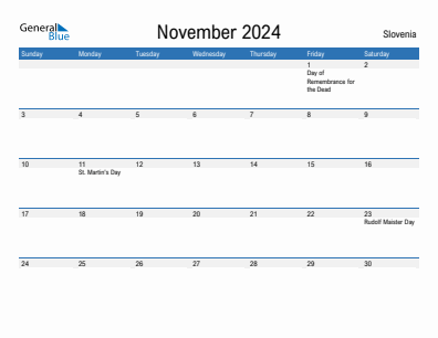 Current month calendar with Slovenia holidays for November 2024