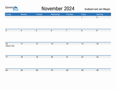 Current month calendar with Svalbard and Jan Mayen holidays for November 2024