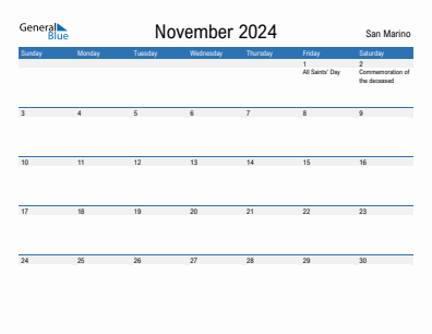 Current month calendar with San Marino holidays for November 2024