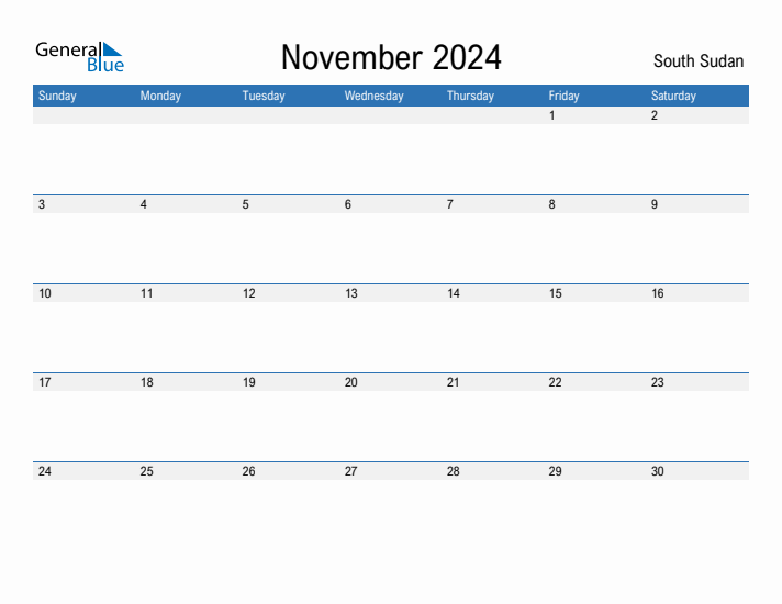 Editable November 2024 Calendar with South Sudan Holidays