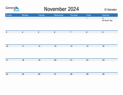 Current month calendar with El Salvador holidays for November 2024