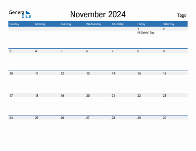 Current month calendar with Togo holidays for November 2024