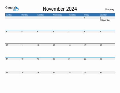 Current month calendar with Uruguay holidays for November 2024