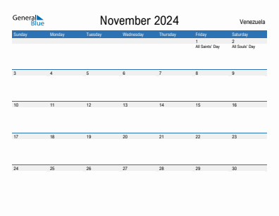 Current month calendar with Venezuela holidays for November 2024