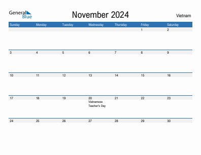 Current month calendar with Vietnam holidays for November 2024