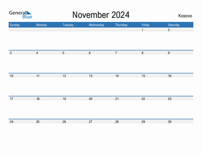 Current month calendar with Kosovo holidays for November 2024