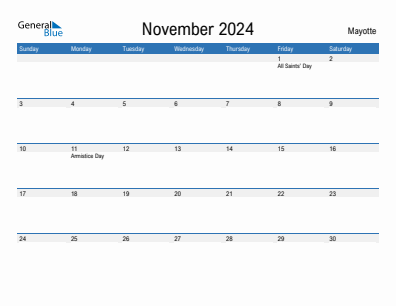 Current month calendar with Mayotte holidays for November 2024