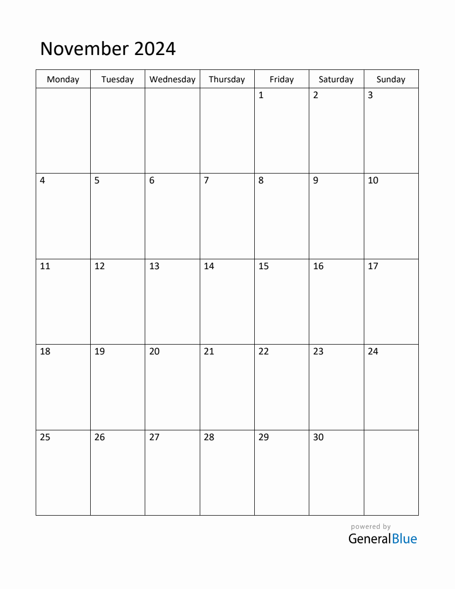 Editable November 2024 Monthly Calendar